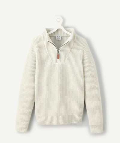  Enfant - Pull garçon écru en coton et zippé