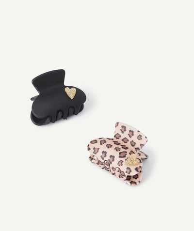  Child - SET OF TWO BLACK AND LEOPARD PRINT HAIR CLIPS WITH SPARKLY HEARTS