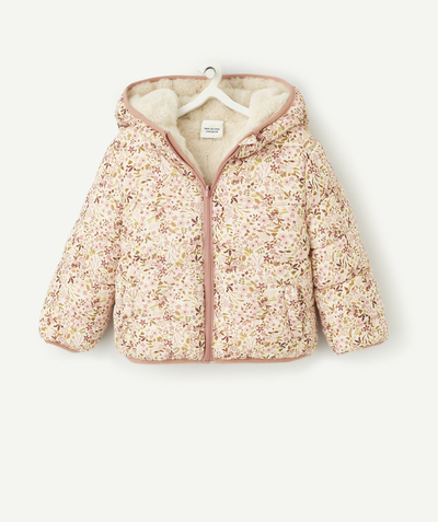 Clothing Tao Categories - REVERSIBLE PUFFER JACKET WITH RECYCLED PADDING, FLORAL PRINT AND FAUX FUR FOR BABY GIRLS
