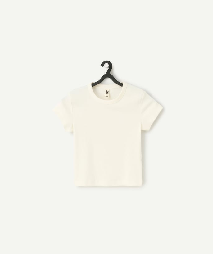   - short-sleeved t-shirt for girls in ribbed white organic cotton