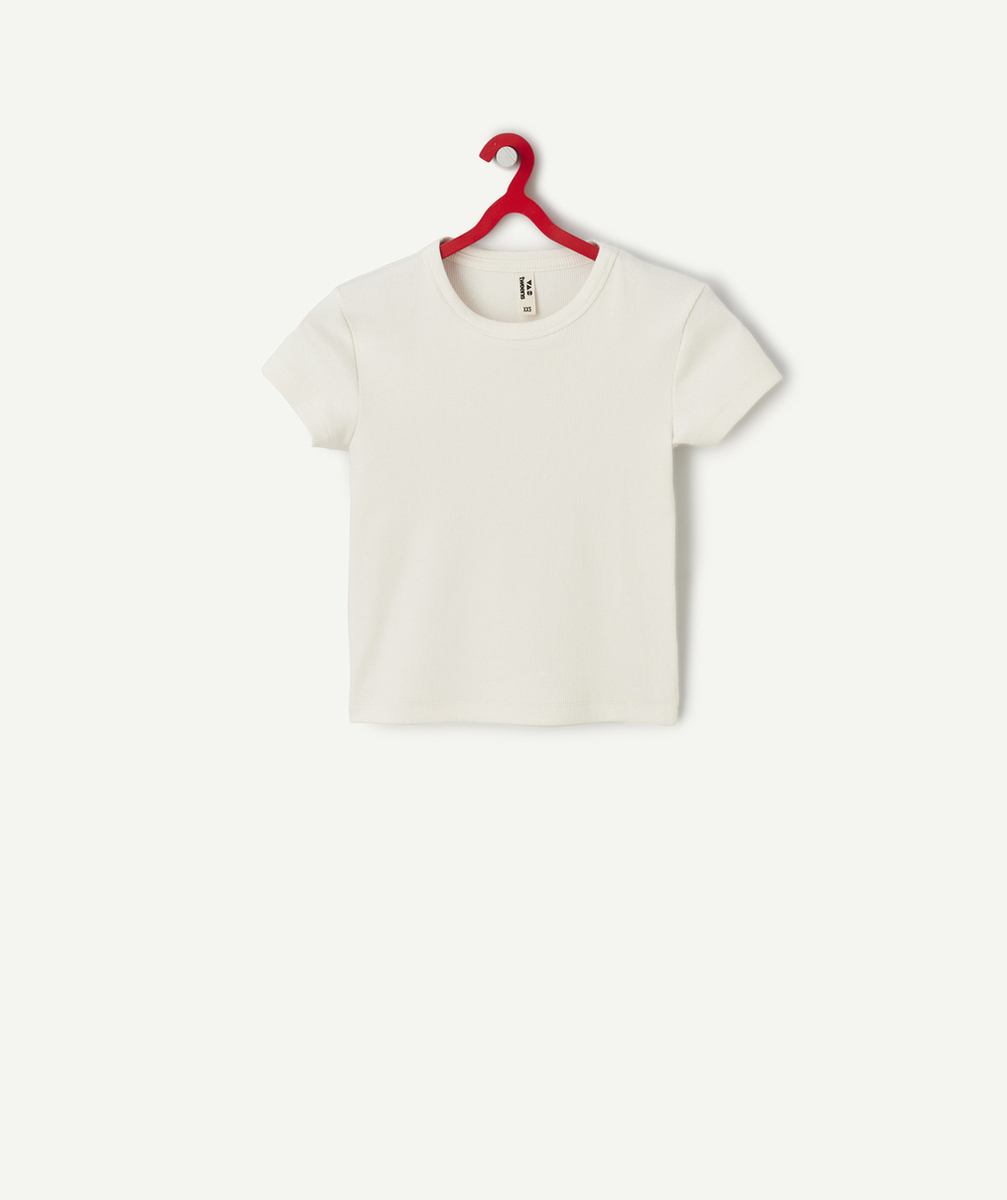   - t-shirt manches courtes fille en coton bio blanc côtelé