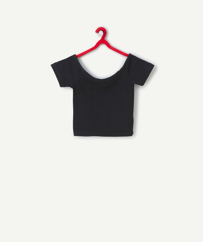   - black ribbed organic cotton bardot-neck t-shirt for girls