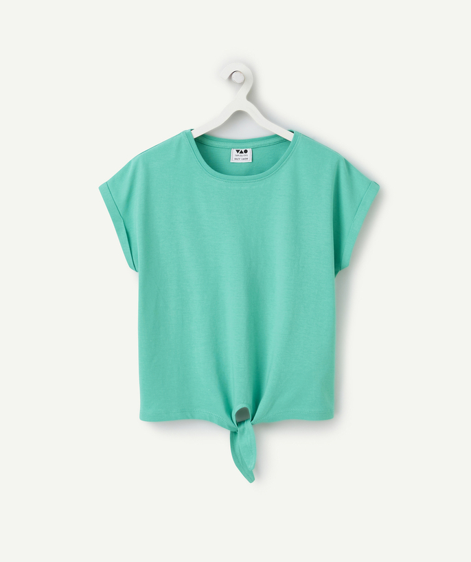   - t-shirt manches courtes fille en coton bio vert avec noeud