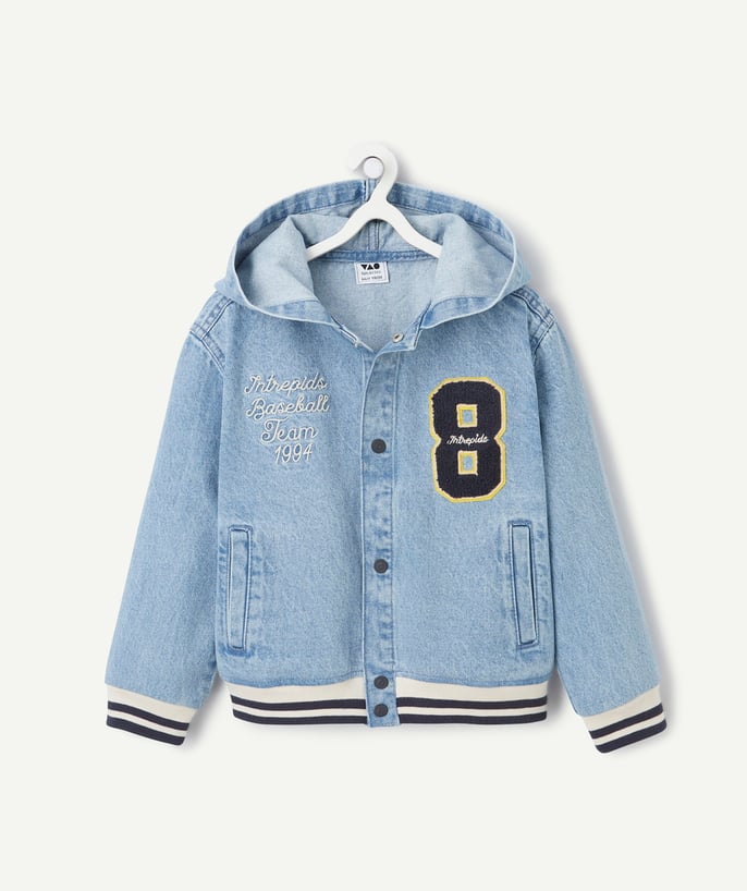   - boy's hooded jacket in low impact denim with campus theme and bouclette patch