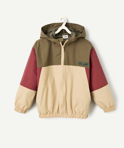 CategoryModel (8821764522126@5302)  - boy's hooded jacket in ecru green and burgundy recycled fibers with patch