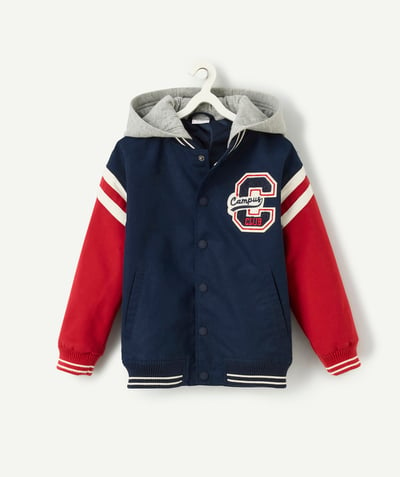 CategoryModel (8821764522126@5302)  - navy blue and red boy's hooded teddy jacket with campus theme patch