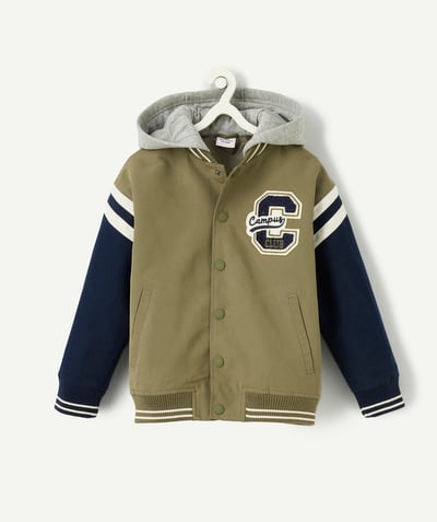 CategoryModel (8821764522126@5302)  - khaki green and navy blue boy's hooded jacket with campus theme patch