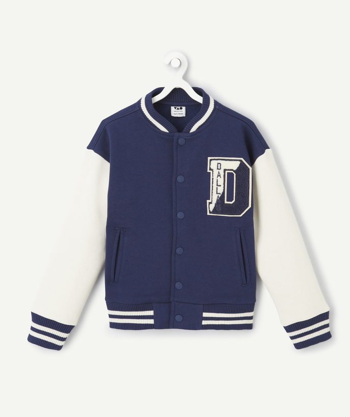   - boy's teddy jacket in navy blue recycled fibers with maxi loop lettering