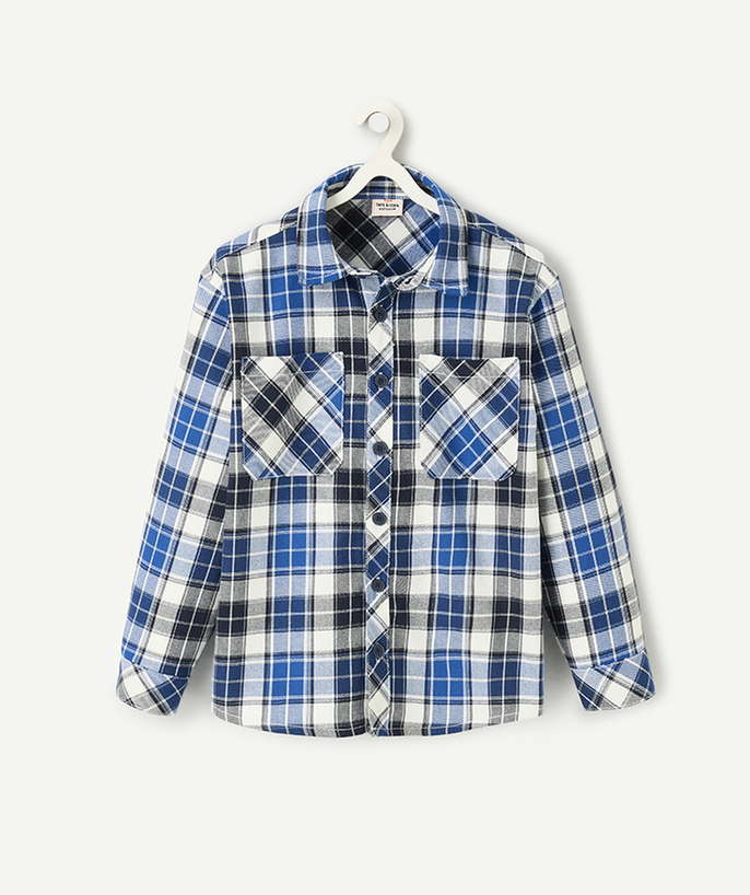   - organic cotton boy's check shirt blue white and black