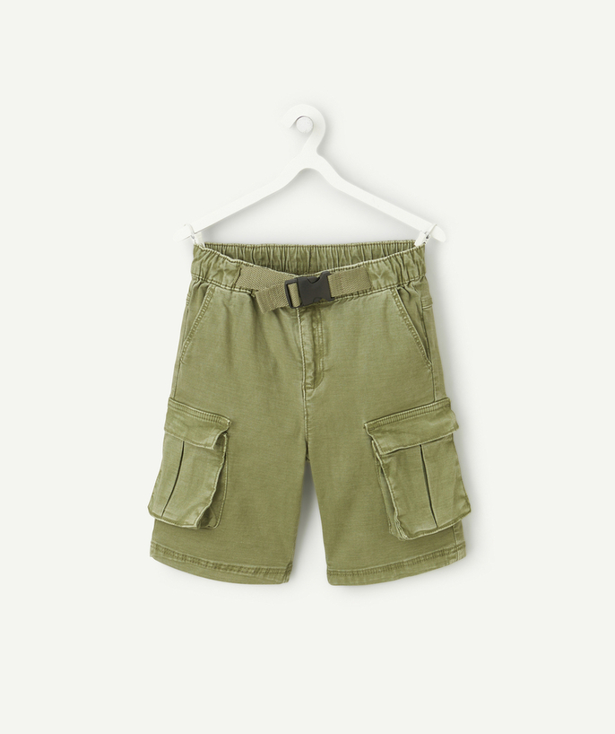   - khaki boy's cargo shorts with clip buckle belt