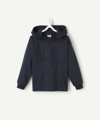 CategoryModel (8821764522126@5302)  - navy blue organic cotton boy's long-sleeved hooded t-shirt with message