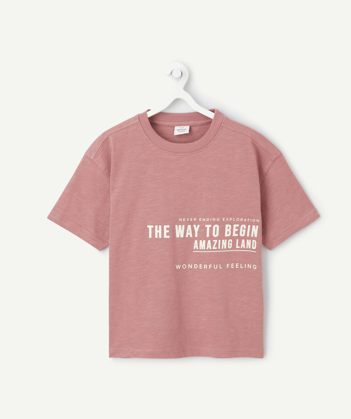   - pink organic cotton boy's short-sleeved t-shirt with message