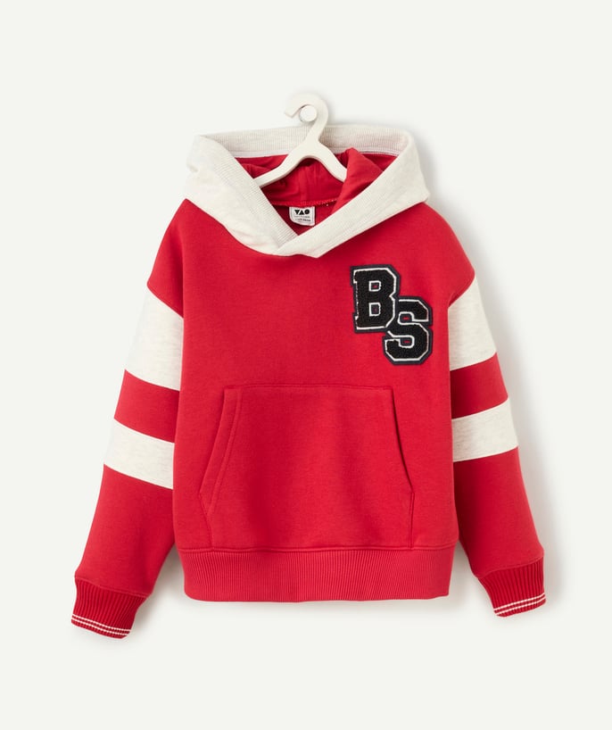   - baby boy hoodie in red and grey recycled fibers with bouclette patch