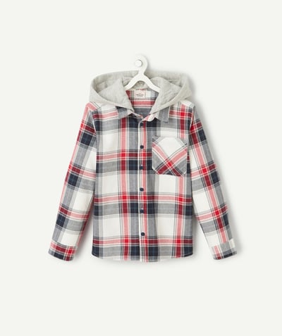 CategoryModel (8821761343630@224)  - red, ecru and navy blue boy's long-sleeved checked shirt with grey hood
