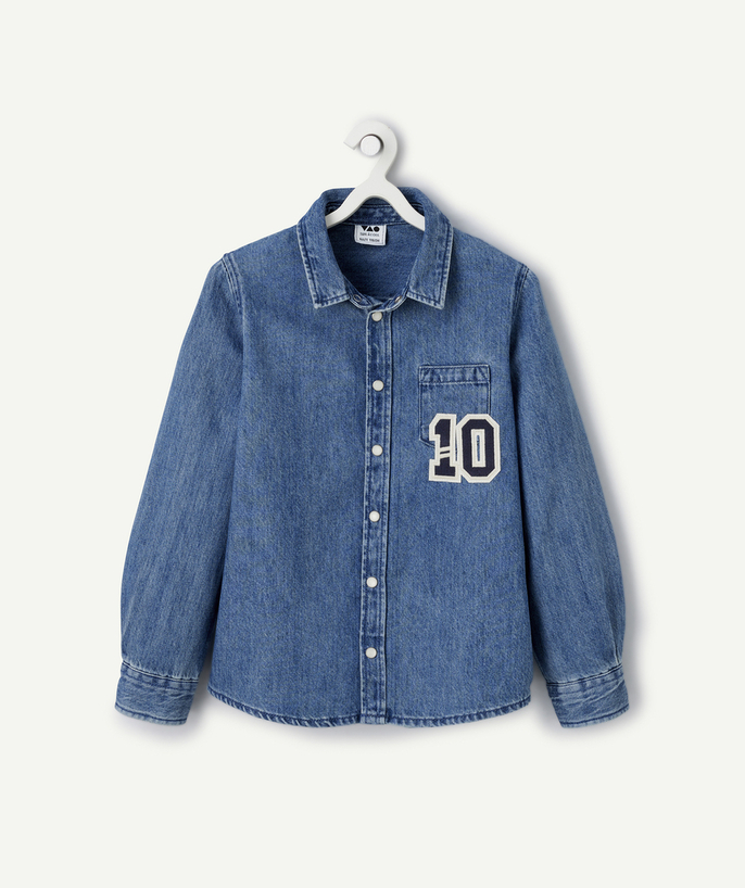   - boy's low impact blue denim shirt with number patch