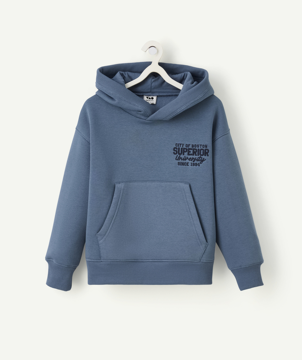   - boy's hoodie in blue recycled fibers with embroidered message