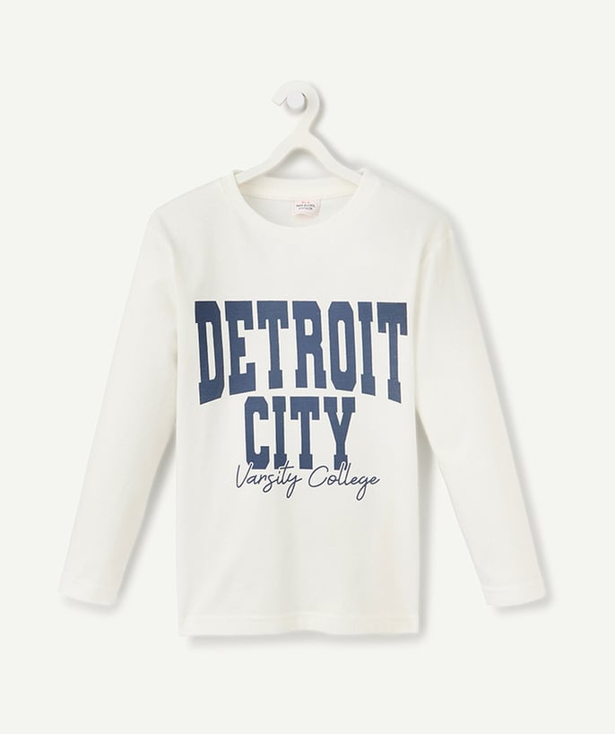   - white organic cotton boy's long-sleeved t-shirt with detroit message