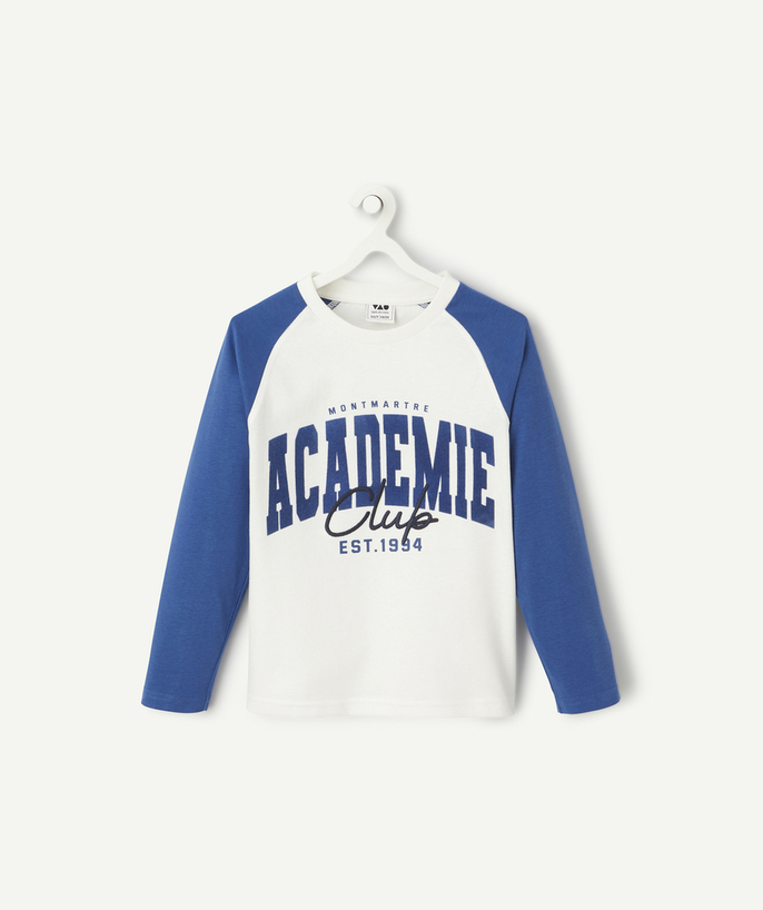   - long-sleeved t-shirt for boys in blue and white organic cotton