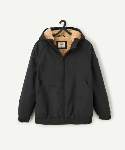 CategoryModel (8821761507470@9404)  - boy's hooded jacket in black recycled fibers and sherpa