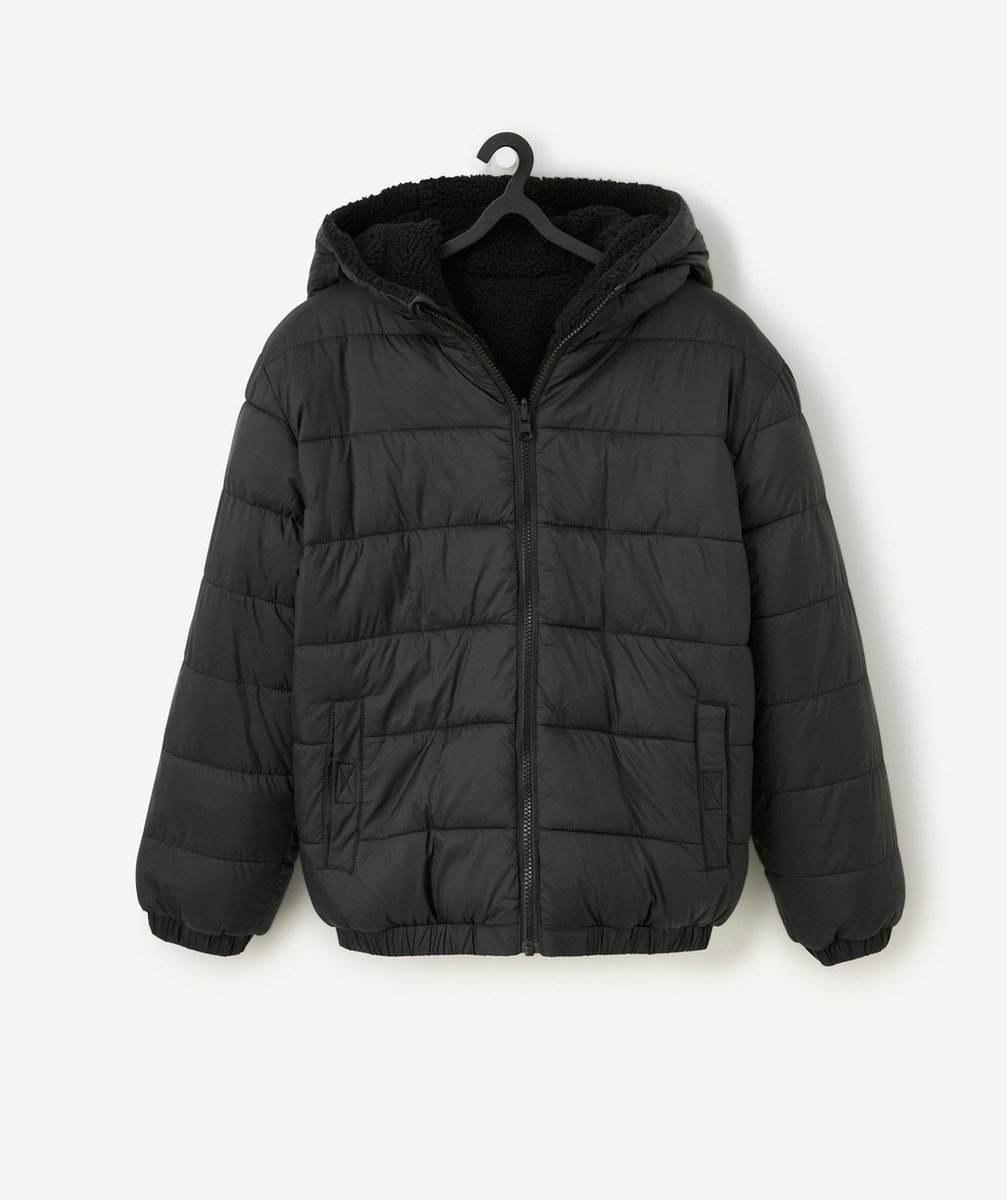   - boy's reversible down jacket in black recycled padding and sherpa