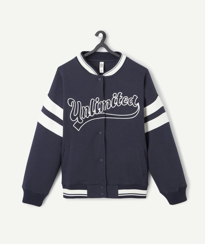   - recycled-fiber girl's teddy jacket navy blue campus theme