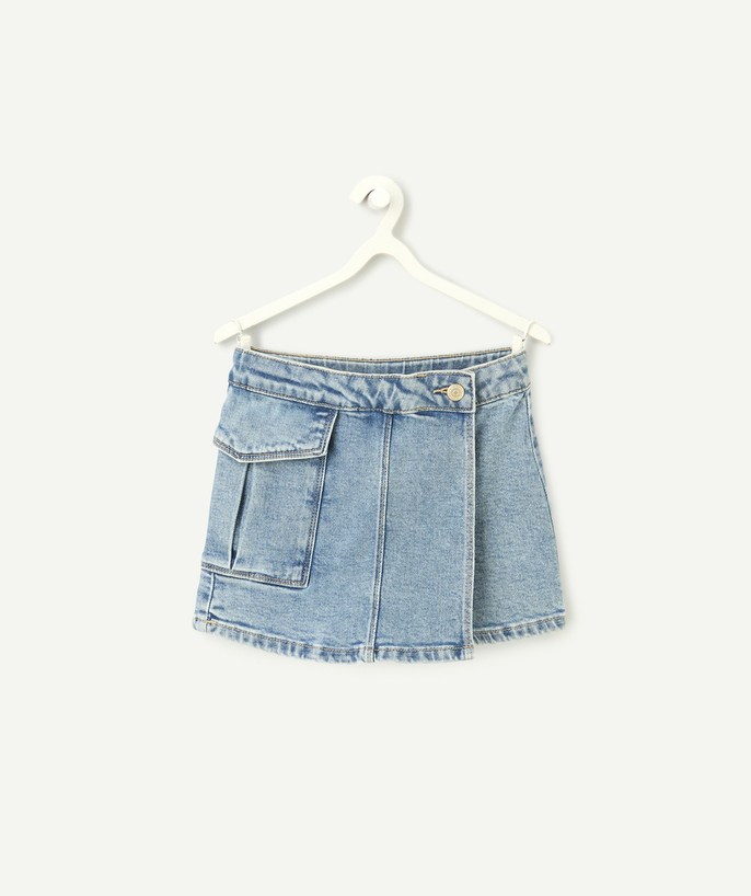   - jupe-short plissée fille en denim low impact bleu avec poche