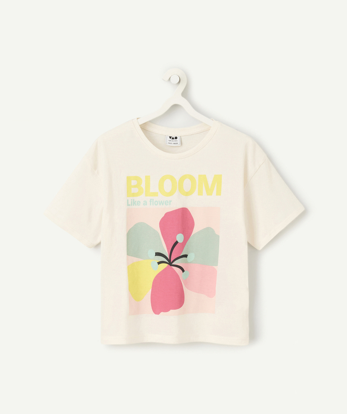   - short-sleeved t-shirt for girls in white organic cotton with flower motif