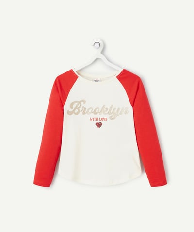 CategoryModel (8821761573006@30518)  - t-shirt fille en coton bio écru et rouge avec message pailleté