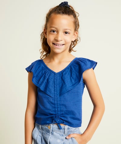 CategoryModel (8821759639694@6096)  - royal blue organic cotton girl's short-sleeved shirts with ruffles