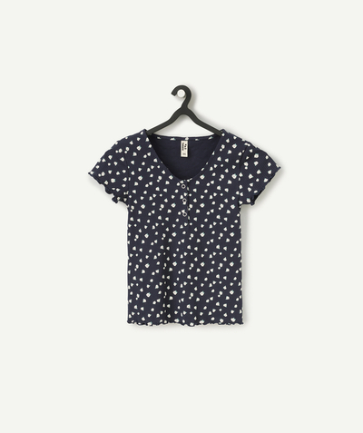 CategoryModel (8821758591118@1639)  - t-shirt manches courtes fille en coton bio côtelé bleu marine imprimé fleuri