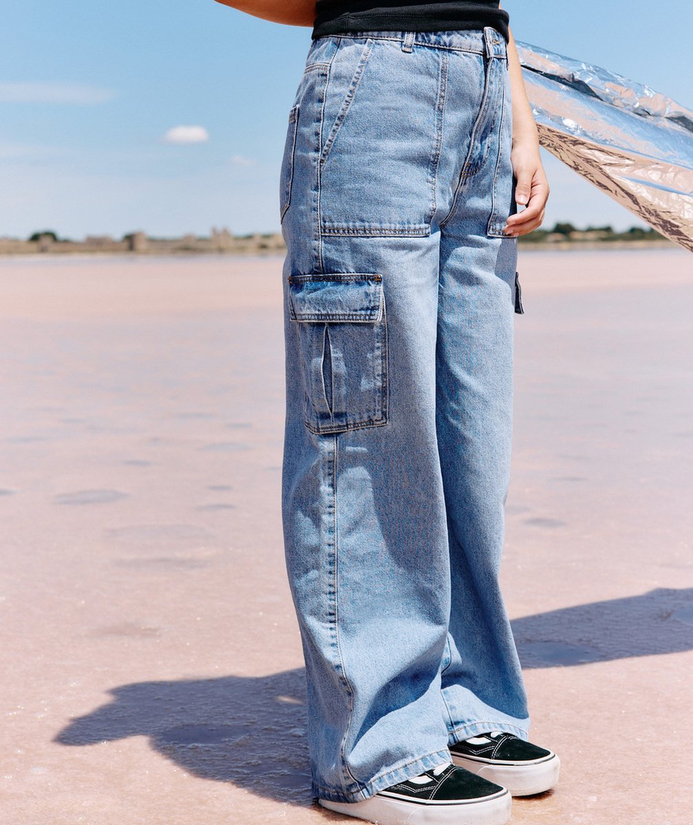   - girl's cargo pants in recycled fiber and blue denim