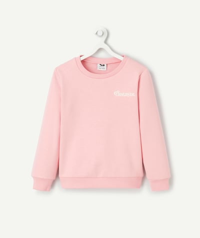 CategoryModel (8821761573006@30866)  - girl's pink recycled fiber sweater with white embroidered message