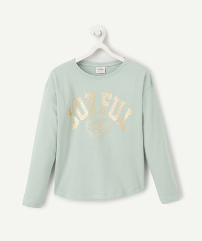 CategoryModel (8821759639694@6096)  - long-sleeved t-shirt for girls in green organic cotton with gold sequin message