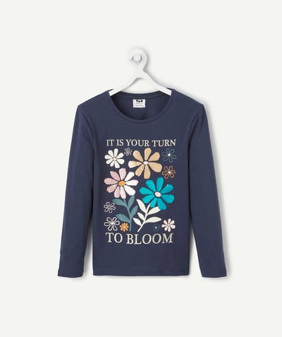 CategoryModel (8825586843790@448)  - girl's t-shirt in navy blue organic cotton with reversible sequined flowers