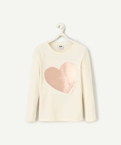 CategoryModel (8821758591118@1688)  - t-shirt fille en coton bio écru avec coeur rose en sequins réversibles