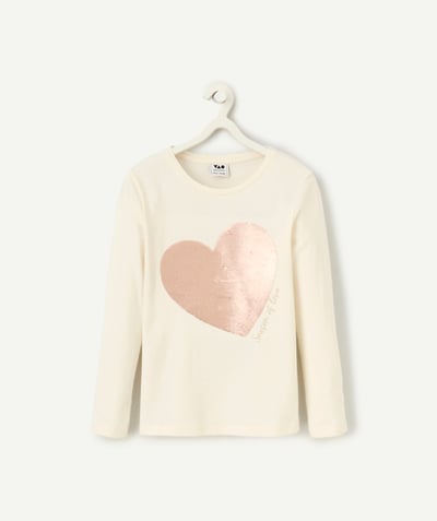 CategoryModel (8821758591118@1639)  - t-shirt fille en coton bio écru avec coeur rose en sequins réversibles