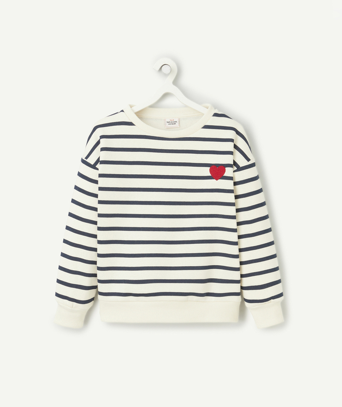   - recycled fiber girl's navy blue striped sweater with heart