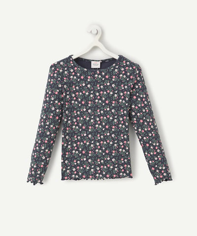 CategoryModel (8821758591118@1639)  - long-sleeved t-shirt for girls in navy blue ribbed organic cotton with floral print