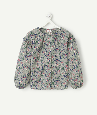 CategoryModel (8821758427278@123)  - girl's long-sleeved shirt in khaki organic cotton with floral print