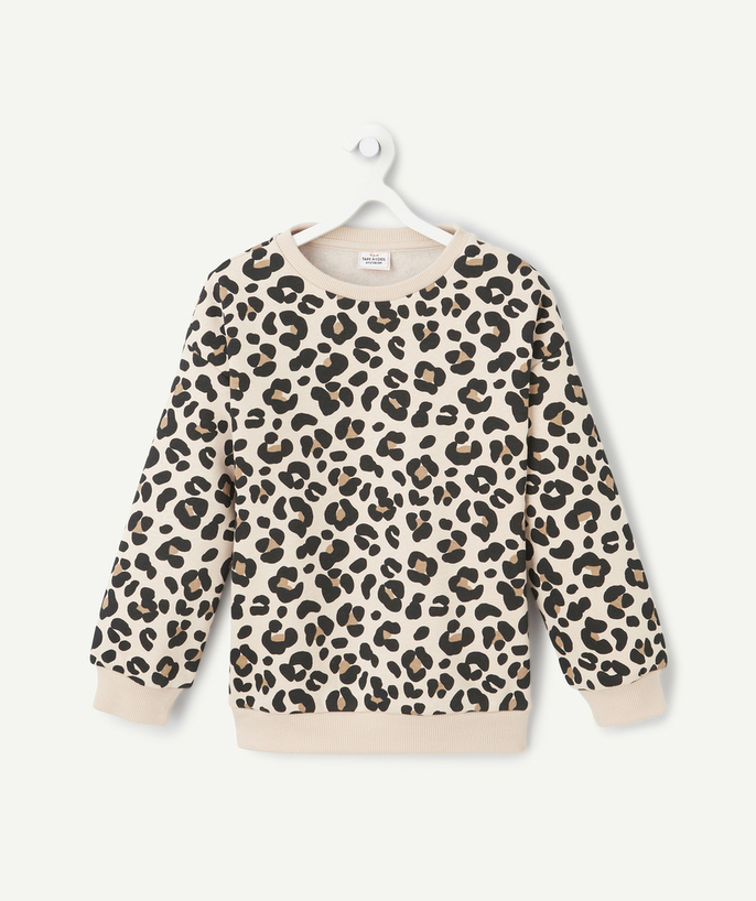   - long-sleeved leopard print sweatshirt for girls in beige recycled fibers