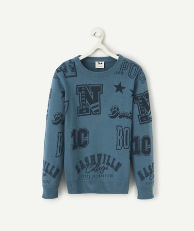 CategoryModel (8826108739726@7)  - pull tricot garçon en coton bleu canard imprimé campus