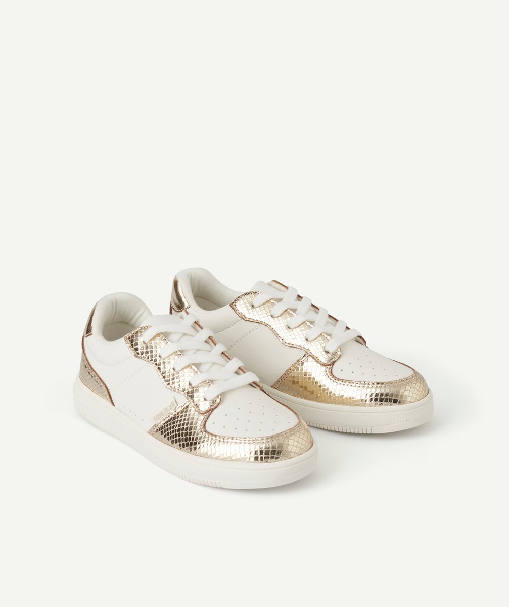   - white girl's sneakers with gold crocodile pattern