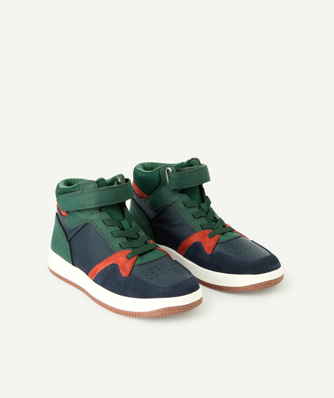   - navy blue and green boys' high-top sneakers with velcro and laces