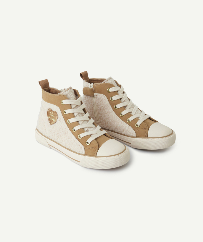   - beige and ecru girls' high-top sneakers with buckles