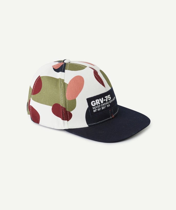   - boy's cap with colorful print and embroidered patch