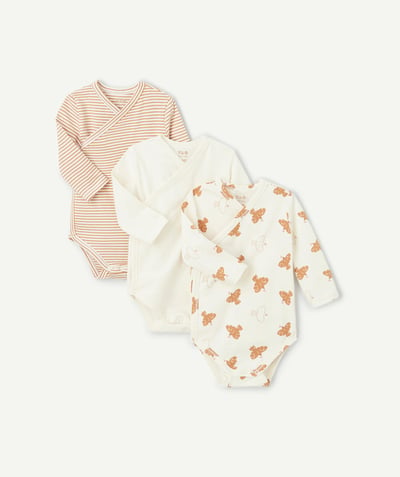 CategoryModel (8821750825102@451)  - set of 3 baby bodysuits in ecru and brown organic cotton, plain, striped and printed