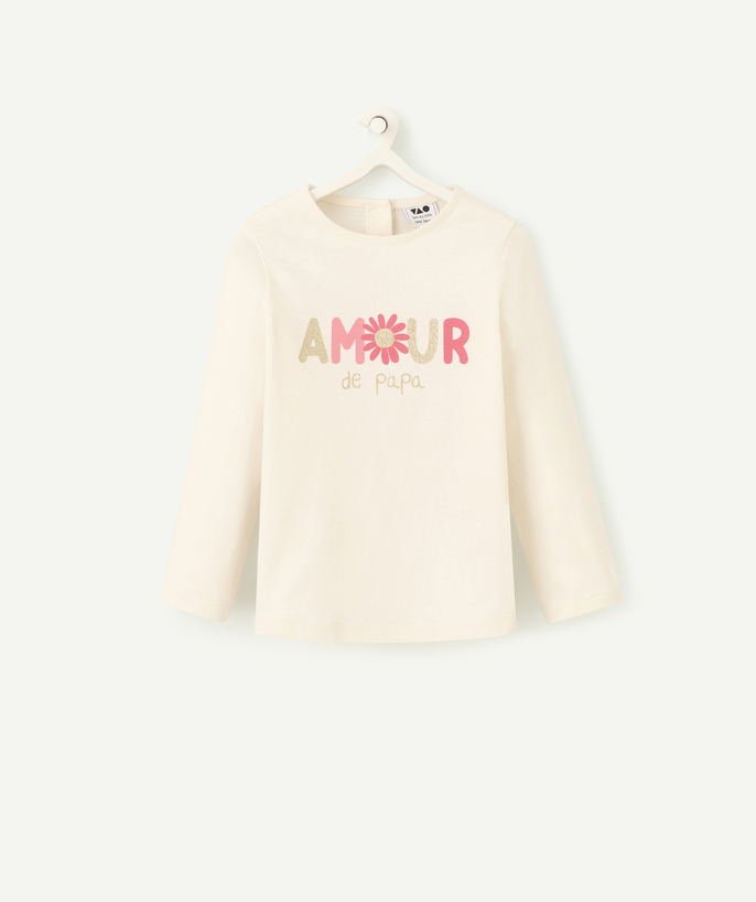   - long-sleeved baby girl t-shirt in ecru organic cotton with love message