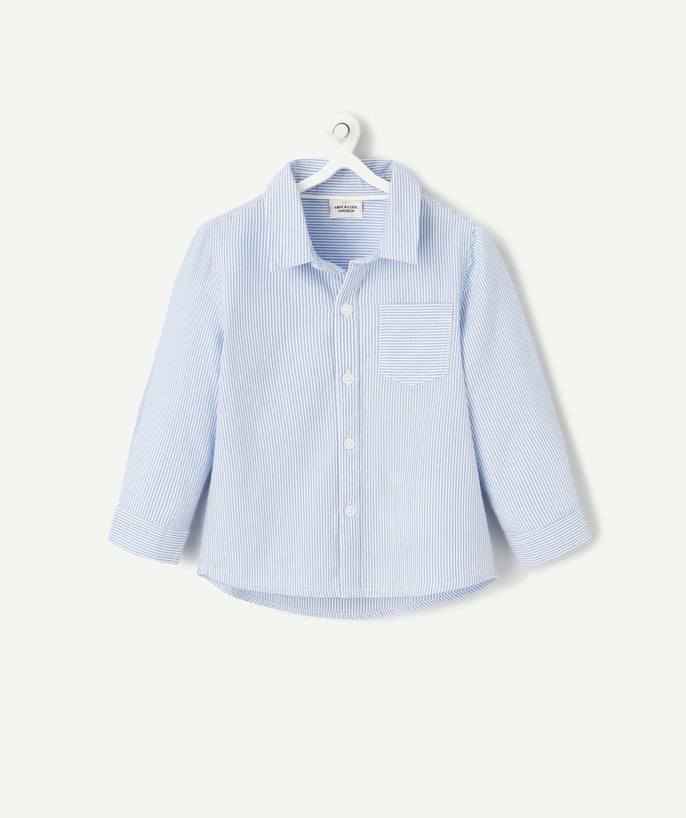   - long-sleeved baby boy shirt in blue and white striped organic cotton