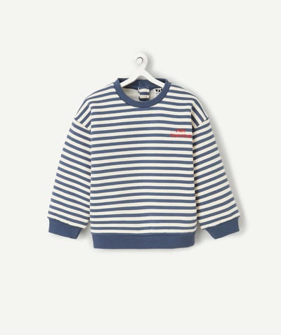 CategoryModel (8821754691726@1502)  - long-sleeved baby boy sweatshirt in ecru and navy blue striped recycled fibers with mini charming embroidered message