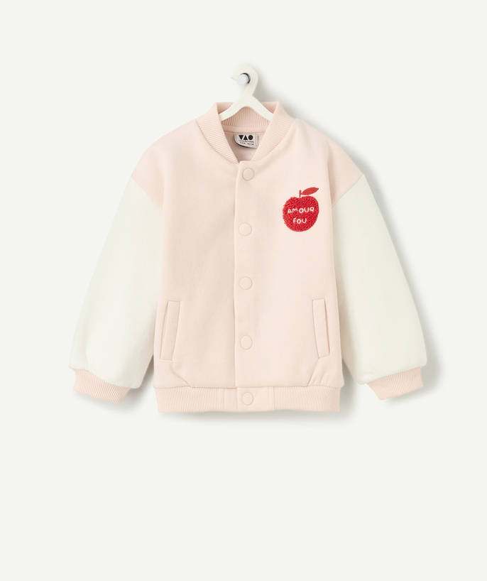   - baby girl teddy jacket in ecru and pale pink recycled fibers with bouclette patch